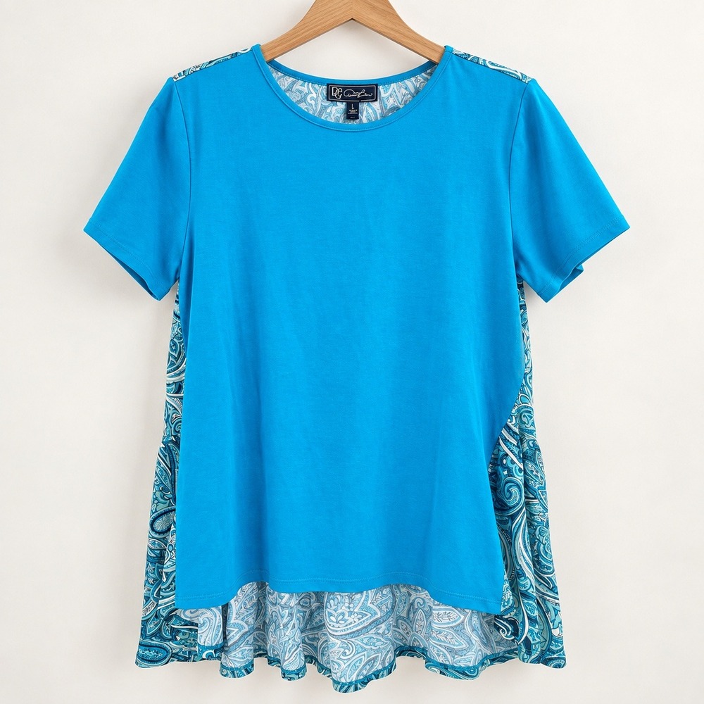 DG2 Diane Gilman Boho Mixed Media Paisley Top Womens L Turquoise Coastal Grandma
